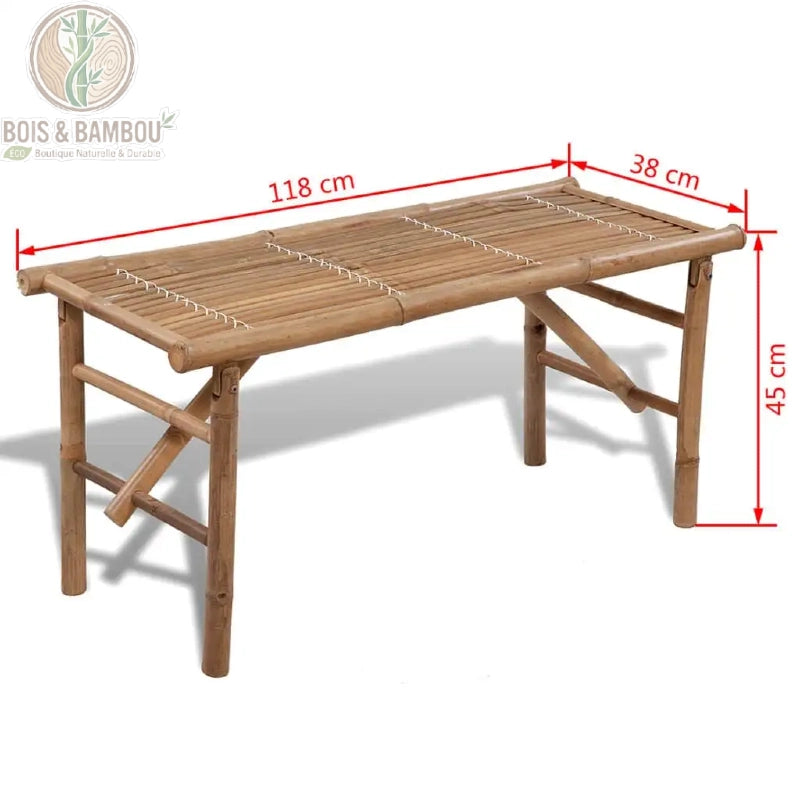 Banc jardin bambou pliable dimensions 118 x 38 x 45 cm schéma technique