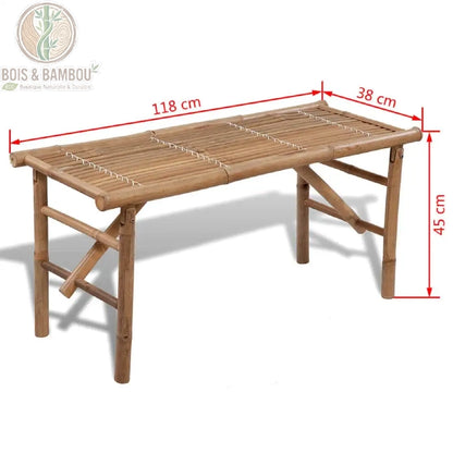 Banc jardin bambou pliable dimensions 118 x 38 x 45 cm schéma technique