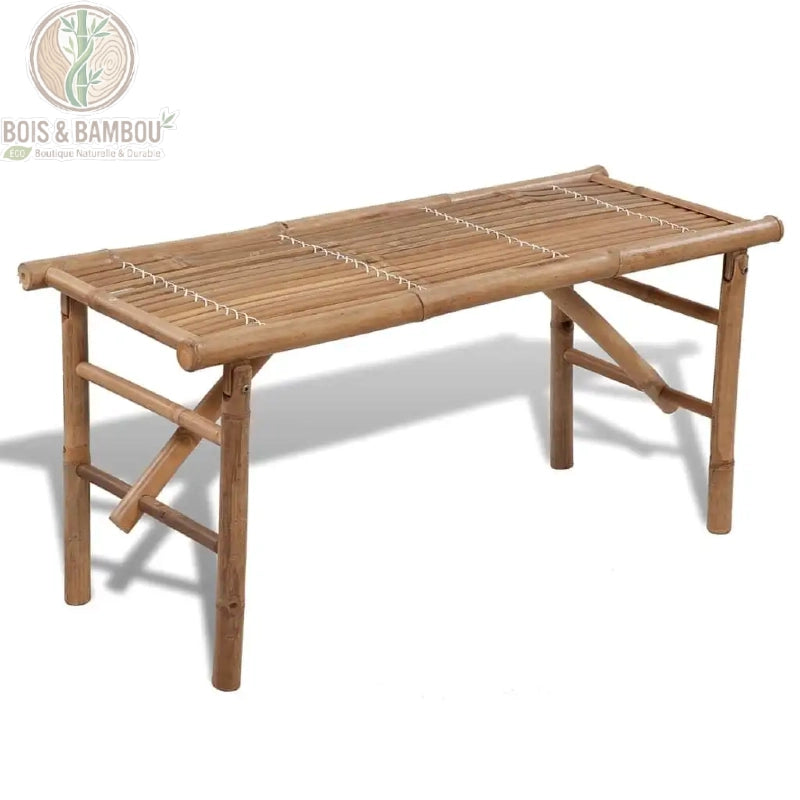 Banc de jardin en bambou pliable naturel 118 cm plateau tissé vue de face