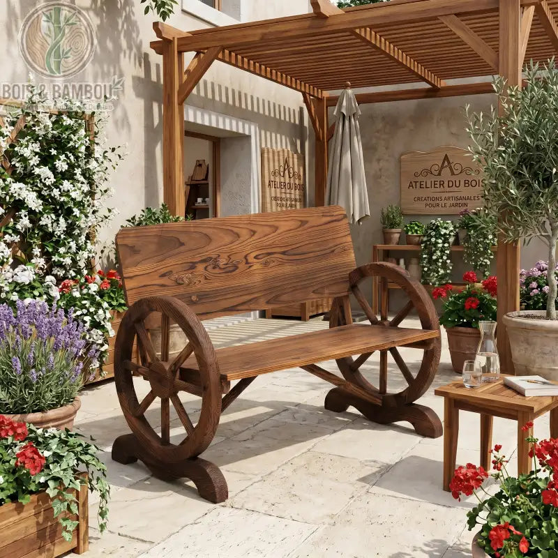 Banc en bois massif de Jardin Rustique. Banc extérieur original avec accoudoirs en forme de roues de charrette, conçu en bois massif brûlé au veinage marqué, installé sur une terrasse fleurie