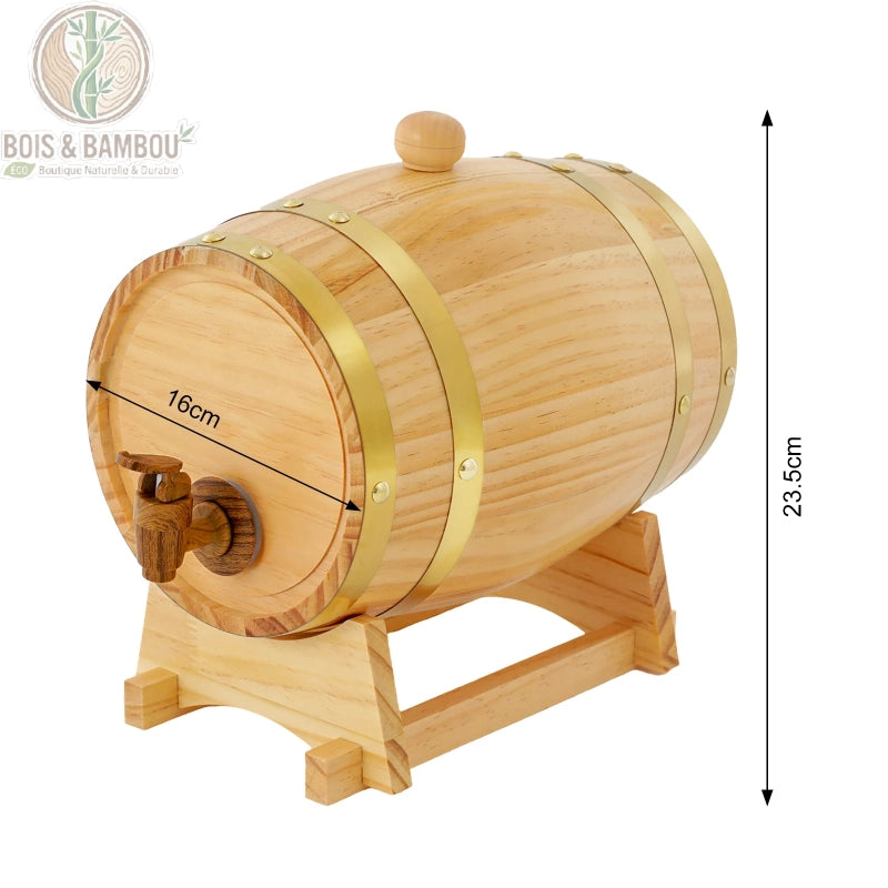 Baril en bois de pin 3L avec robinet métallique, détail cerclage acier