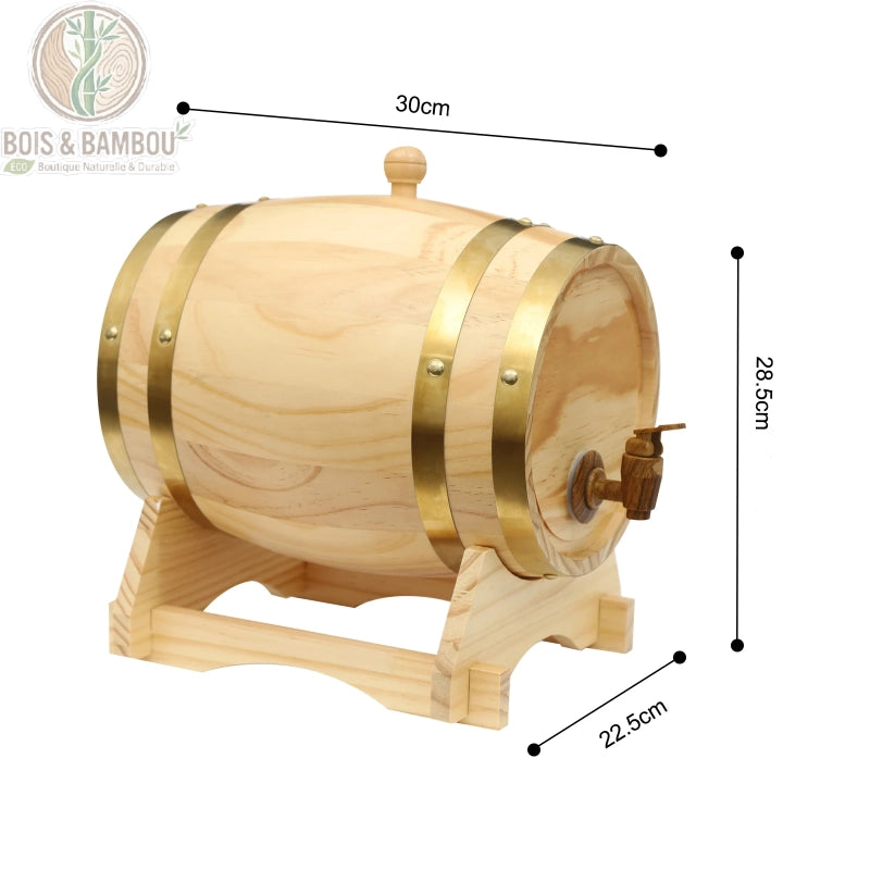 Tonneau en bois de pin avec robinet, baril distributeur 5L vue de face