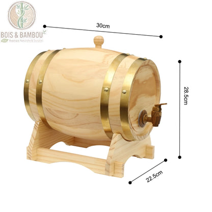 Tonneau en bois de pin avec robinet, baril distributeur 5L vue de face