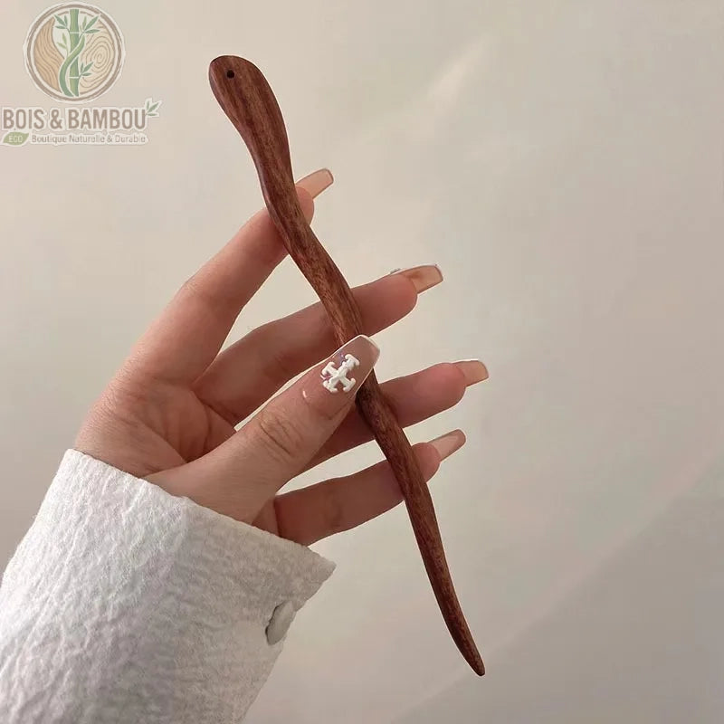 Bâton à cheveux en bois teinte marron, accessoire chignon vintage