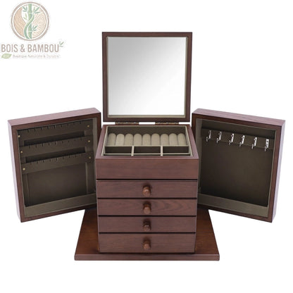 Grande boîte à bijoux bois sur coiffeuse, rangement colliers bracelets bagues