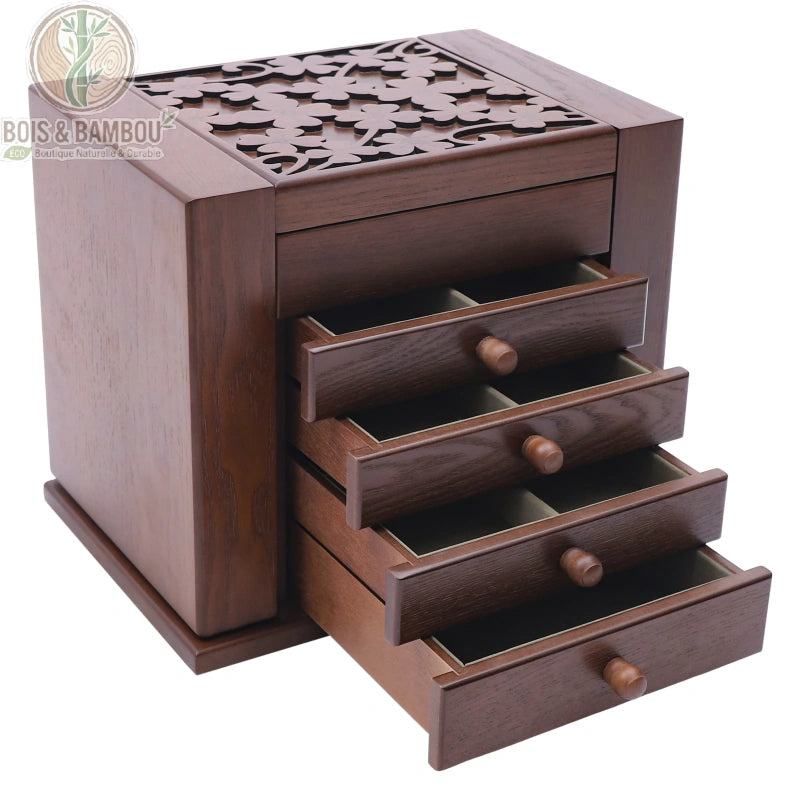Coffret bijoux bois 5 niveaux ouvert, miroir et tiroirs velours marron foncé