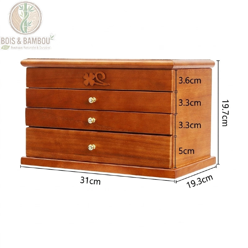 Boîte à bijoux multicouche en bois, dimensions et vue de profil