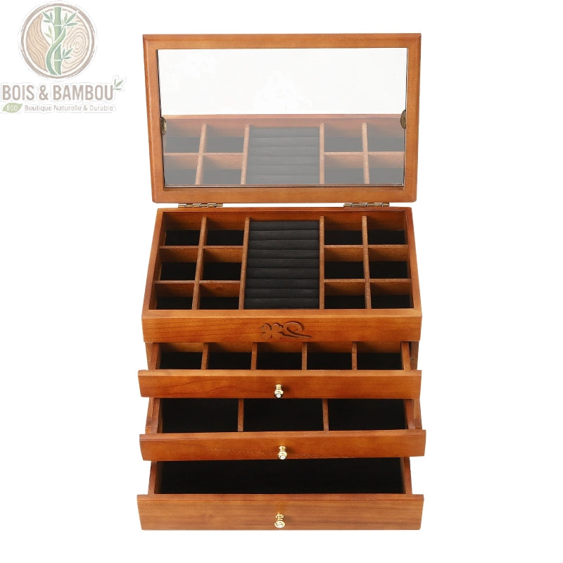 Coffret bijoux bois vintage 4 niveaux tiroirs velours, fond blanc