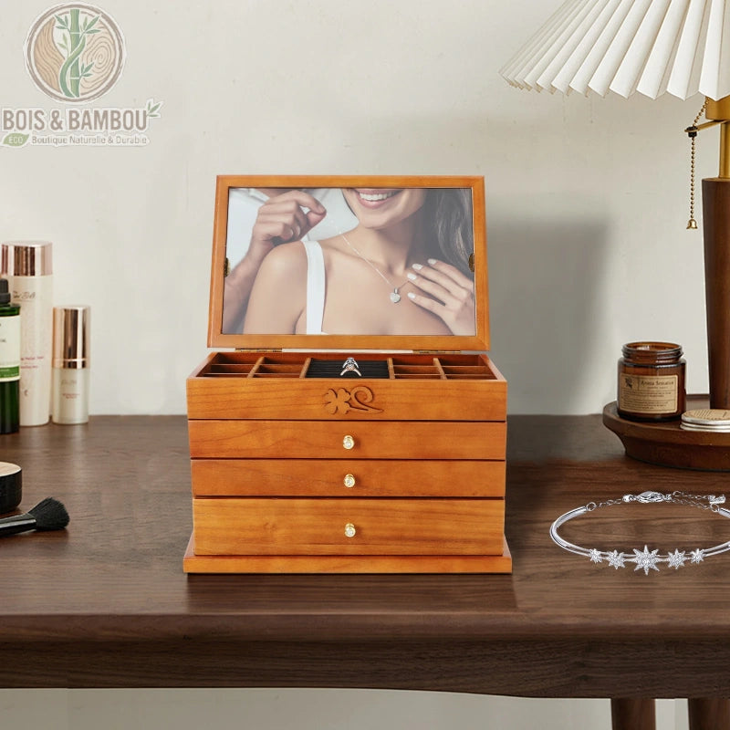 Boîte à bijoux bois vintage ouverte, tiroirs velours et niveaux rangement bijoux