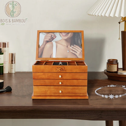 Boîte à bijoux bois vintage ouverte, tiroirs velours et niveaux rangement bijoux