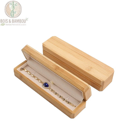 Boîte à bijoux longue en bambou, intérieur velours beige pour collier