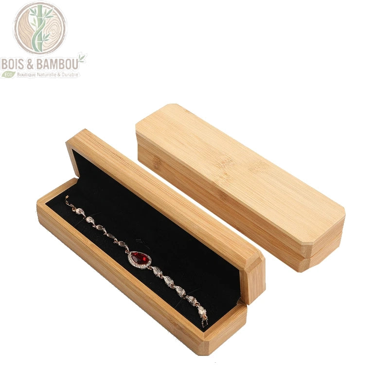 Boîte à bijoux longue en bambou, intérieur velours noir pour collier