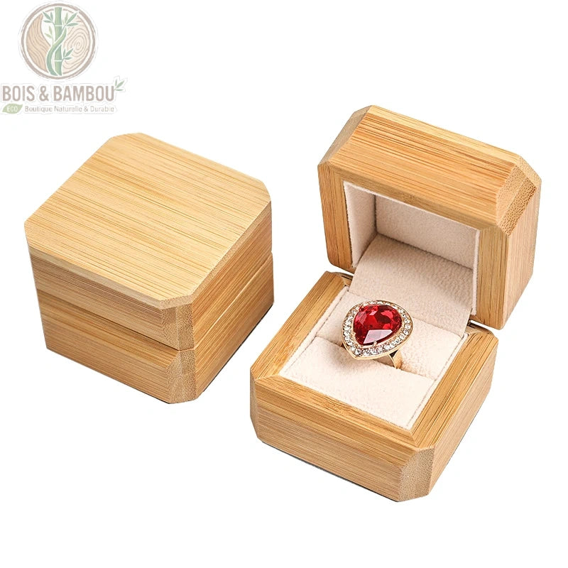 Boîte à bijoux en bambou pour bague, intérieur velours beige