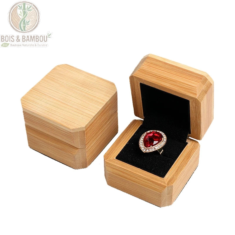 Boîte à bijoux en bambou pour bague, intérieur velours noir