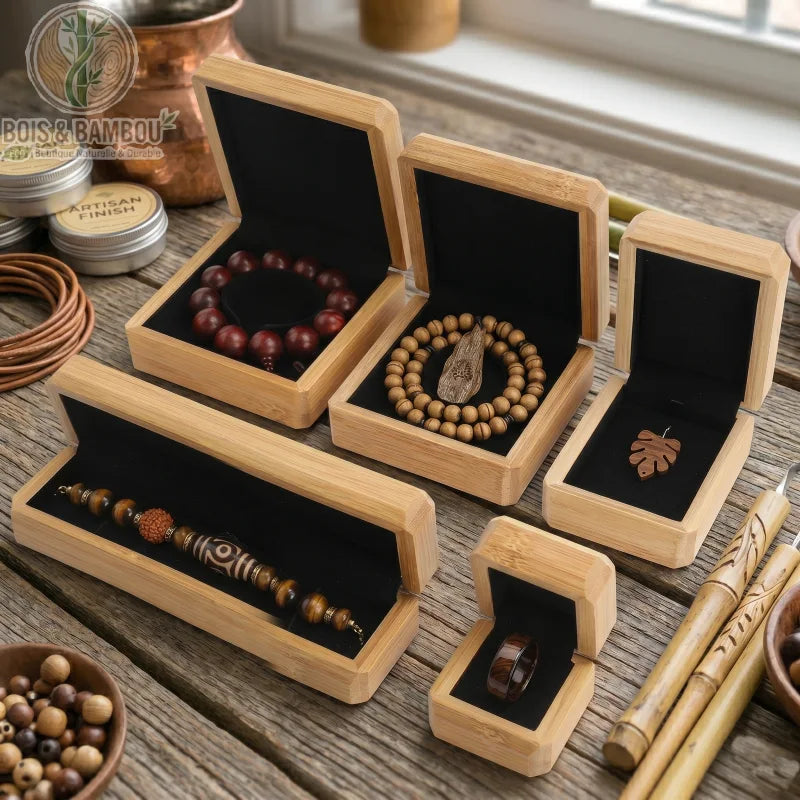 Boîte à Bijoux en Bois de Bambou ouverte révélant divers bijoux artisanaux sur velours noir, disposée sur un plan de travail en bois rustique.