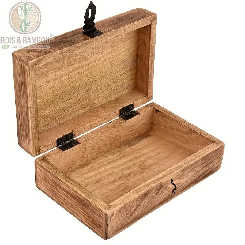Boîte à souvenirs en bois ouverte intérieur bois brut naturel charnières métal noir