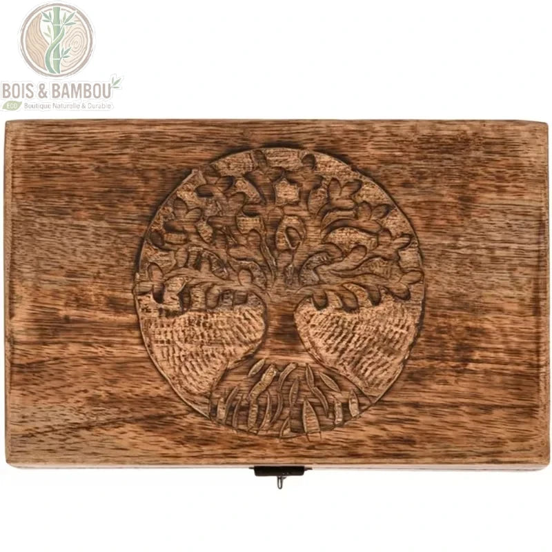 Couvercle boîte à souvenirs en bois Arbre de Vie gravure sculptée main détail