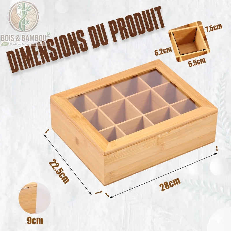 Boite a the en bambou 12 compartiments dimensions produit vue 3D infographie, Bois et Bambou Eco