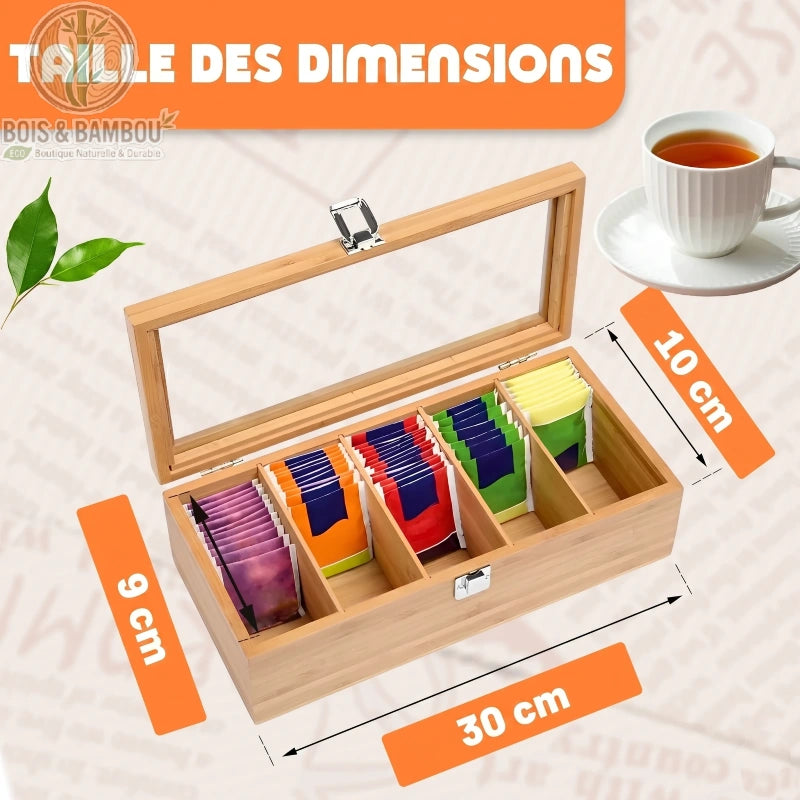 Boite a the en bambou 5 compartiments taille dimensions sachet the et tasse infographie, Bois et Bambou Eco