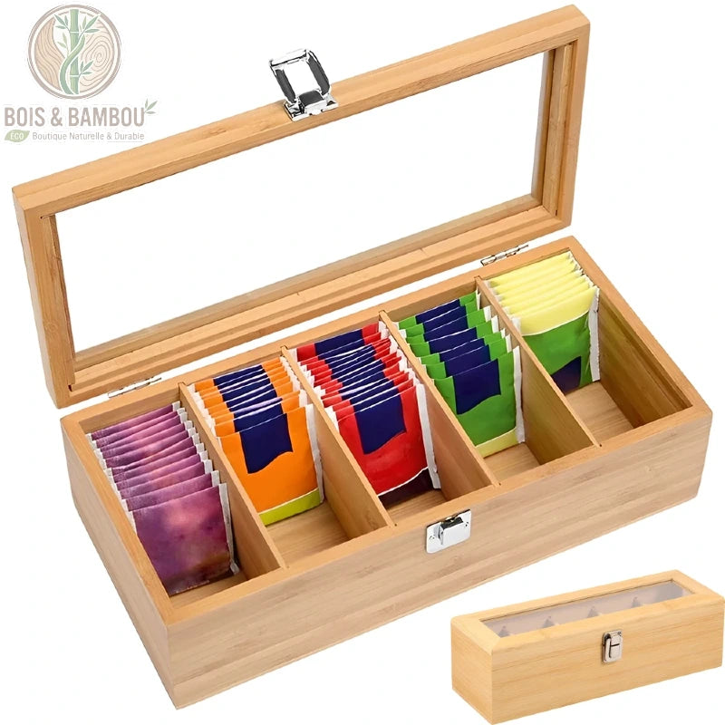 Boite a the en bambou ouverte couvercle vitre, sachets the colores 5 compartiments, Bois et Bambou Eco