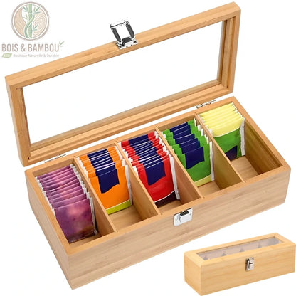 Boite a the en bambou ouverte couvercle vitre, sachets the colores 5 compartiments, Bois et Bambou Eco