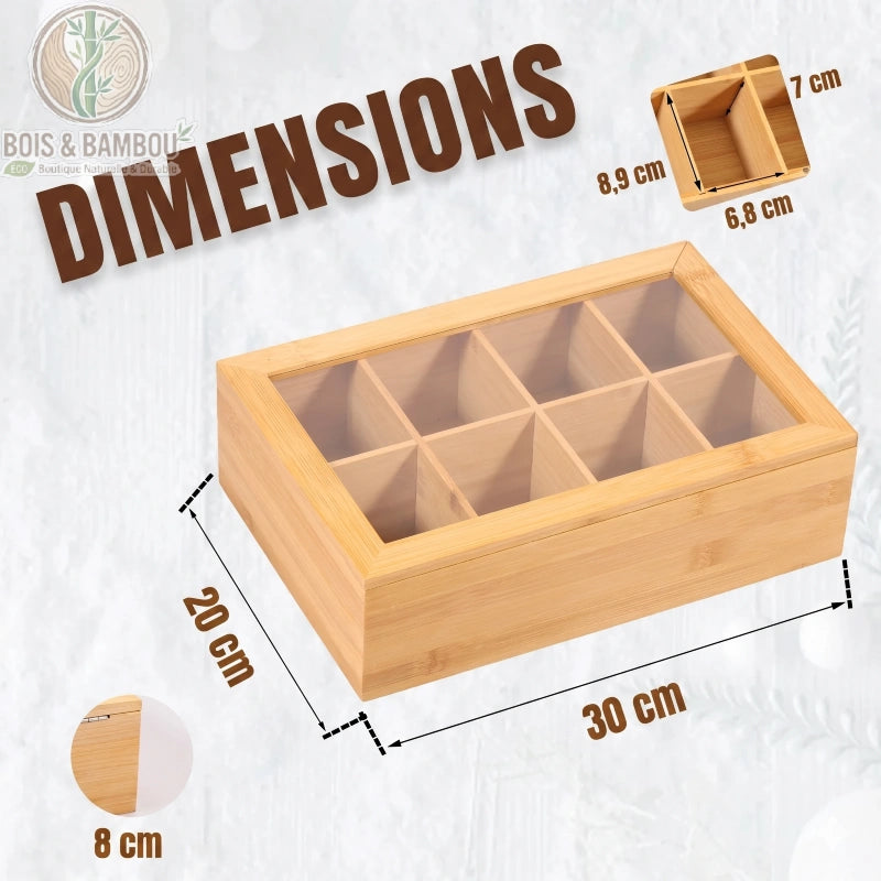 Boite a the en bambou dimensions produit vue dessus compartiments vides fond clair, Bois et Bambou Eco