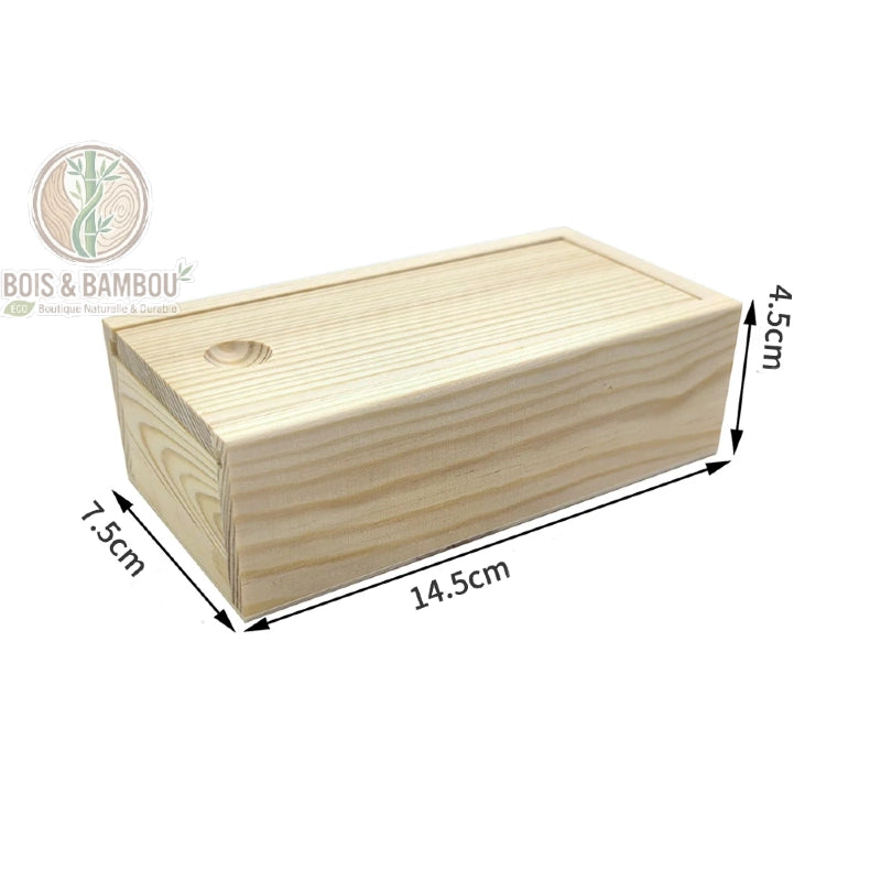 Boîte coulissante bois pin naturel petite taille fermée dimensions 14,5 cm longueur 7,5 cm largeur 4,5 cm hauteur
