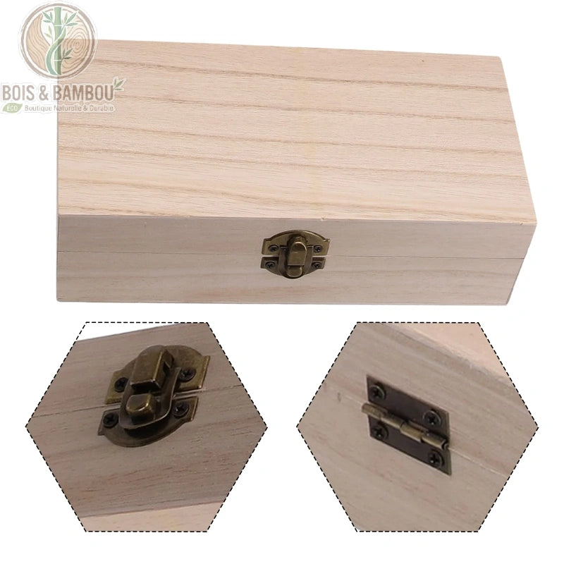 Boîte en bois naturel brillante détail verrou clips bronze doré et charnières métal