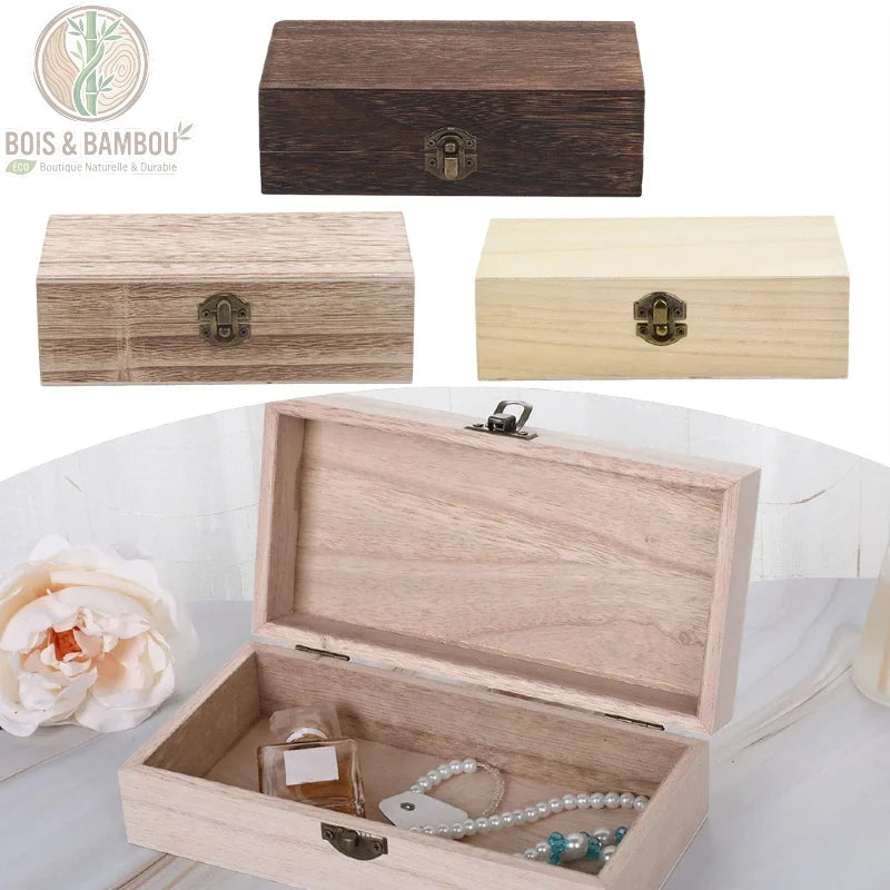 Boîte de rangement colorée en bois naturel , un ensemble de boîtes rectangulaires disponibles en plusieurs teintes de bois avec un fermoir vintage en métal, parfaites pour organiser bijoux et flacons.