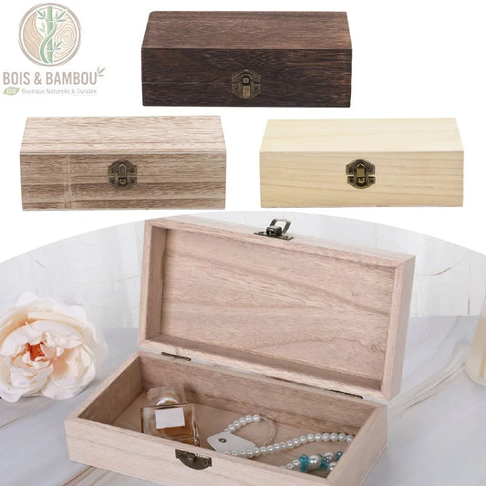 Boîte de rangement colorée en bois naturel , un ensemble de boîtes rectangulaires disponibles en plusieurs teintes de bois avec un fermoir vintage en métal, parfaites pour organiser bijoux et flacons.