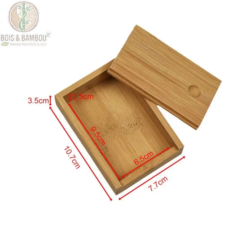 Boîte de rangement en bambou naturel dimensions extérieures 10,7 x 7,7 x 3,5 cm et intérieures 9,5 x 6,5 cm