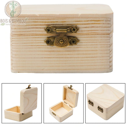 Boîte en bois de pin naturel détail double fermoir doré vues multiples