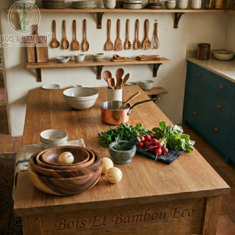 Bol en bois d'acacia massif. Trois bols gigognes en bois avec des fruits sur une table de cuisine rustique. Radis, mortier et ustensiles complètent la scène chaleureuse.