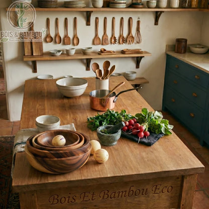 Bol en bois d'acacia massif. Trois bols gigognes en bois avec des fruits sur une table de cuisine rustique. Radis, mortier et ustensiles complètent la scène chaleureuse.