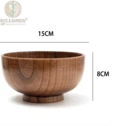 Bol jujubier japonais 15 x 8 cm taille XL bol ramen vue de face avec dimensions, Bois et Bambou Eco