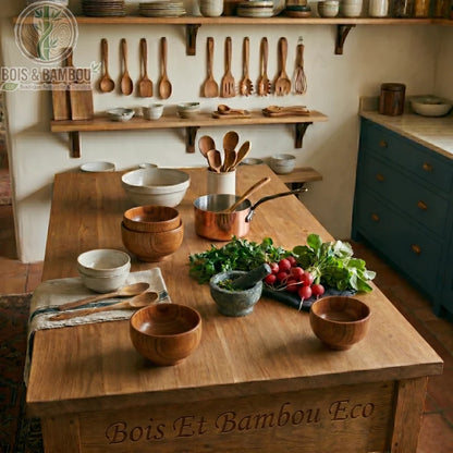 Bol jujubier japonais en scene cuisine rustique, deux bols sur ilot bois avec radis et mortier, Bois et Bambou Eco
