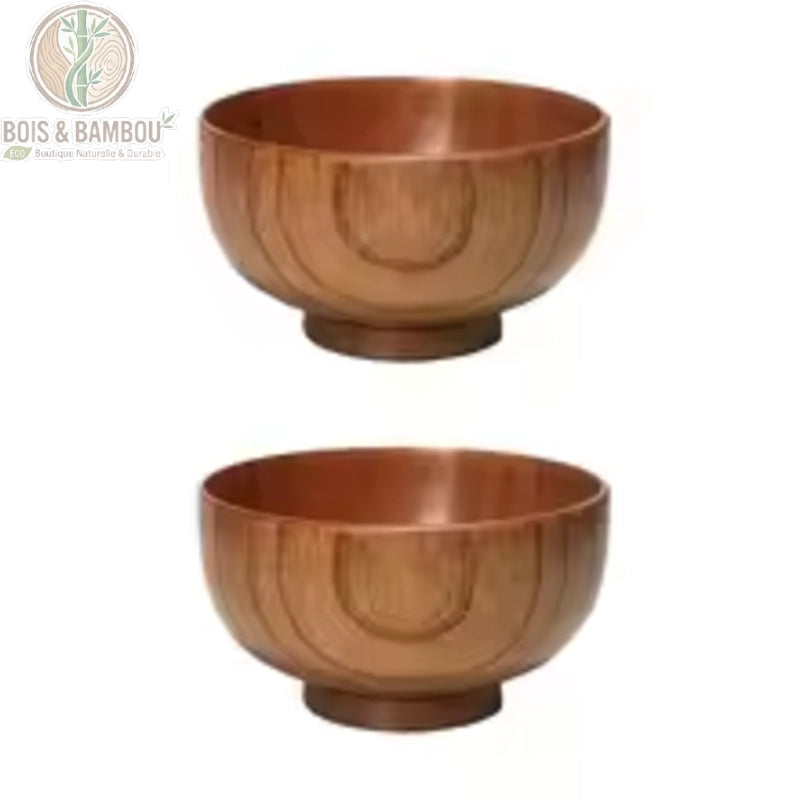 Lot de 2 bols en bois japonais empiles montrant la variation de teinte naturelle du miel clair au brun chaleureux
