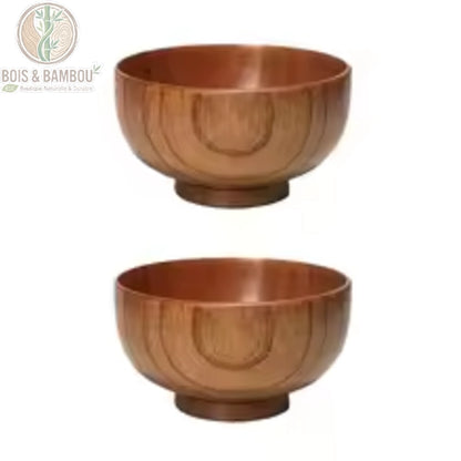 Lot de 2 bols en bois japonais empiles montrant la variation de teinte naturelle du miel clair au brun chaleureux
