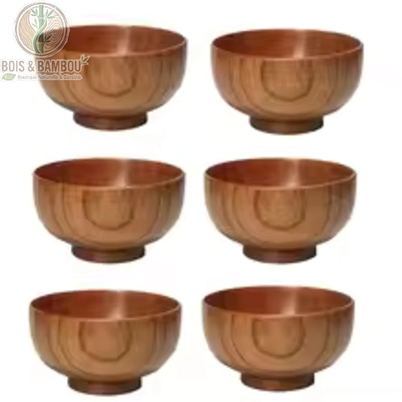 Lot de 6 bols en bois japonais presentes en grille, ensemble de vaisselle artisanale fait main pour grande tablee