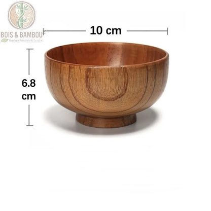 Bol en bois japonais dimensions 10 cm de diametre par 6.8 cm hauteur, vue produit fond blanc avec mesures