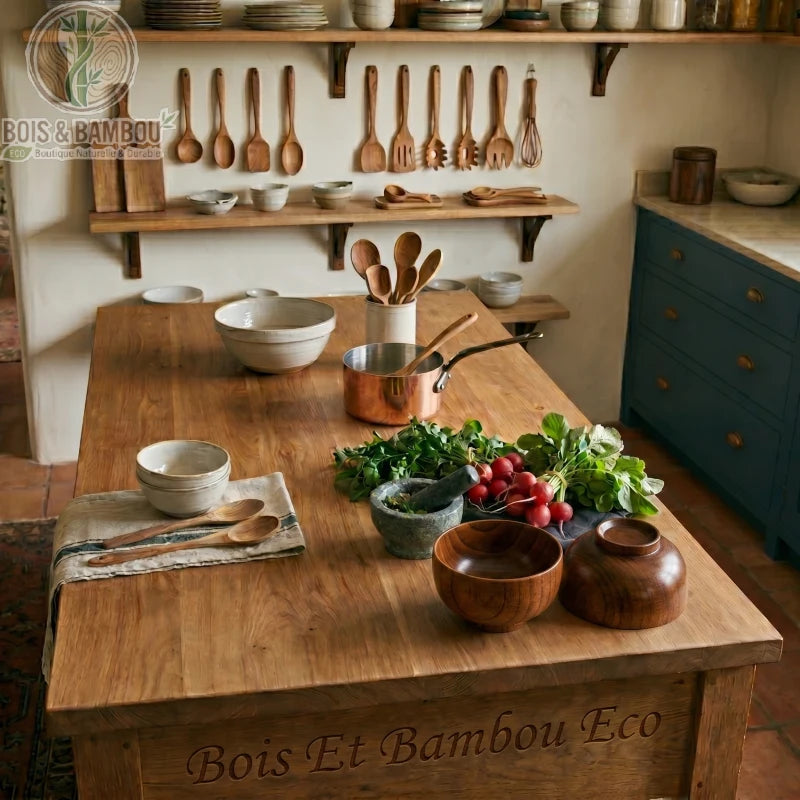 Bol en bois japonais sur ilot cuisine rustique avec radis ustensiles bois et mortier pierre, mise en situation campagne chic