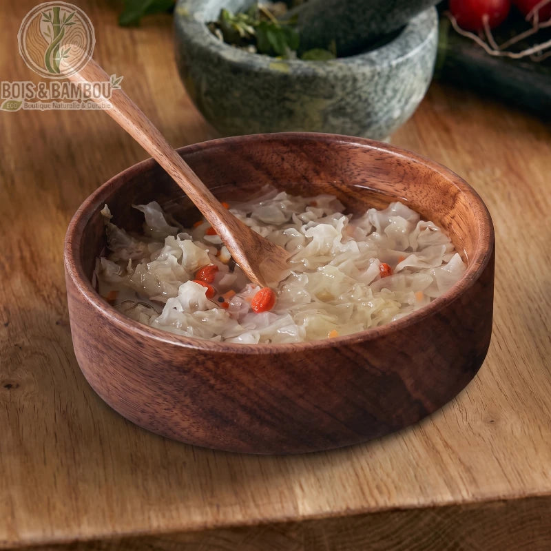 Bol noyer massif 16 cm rempli de salade et baies de goji cuillere bois, scene cuisine, Bois et Bambou Eco