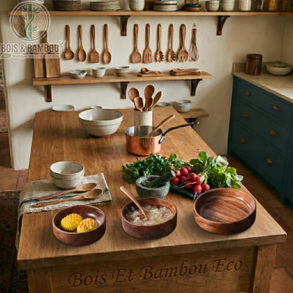 Bol en noyer massif aux lignes organiques. Trois bols artisanaux contenant des aliments sur une table en bois rustique avec légumes frais et ustensiles. Design naturel et élégant.