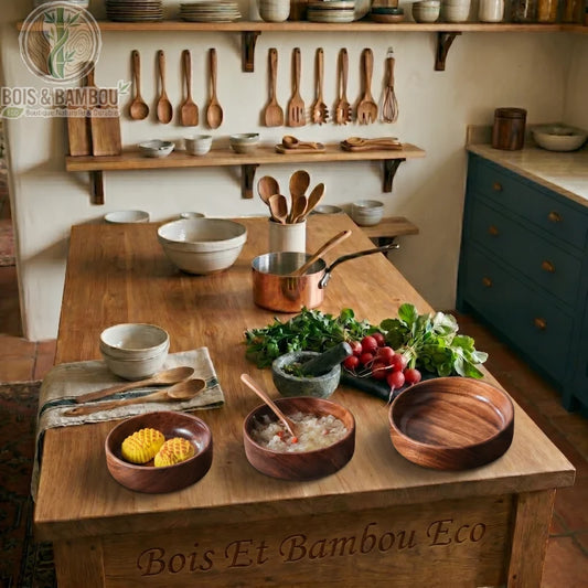 Bol en noyer massif aux lignes organiques. Trois bols artisanaux contenant des aliments sur une table en bois rustique avec légumes frais et ustensiles. Design naturel et élégant.