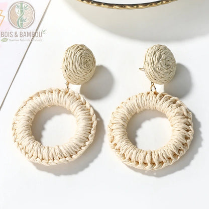 Boucles d'oreilles bohèmes en rotin et bois coloris blanc, Bois Et Bambou Eco
