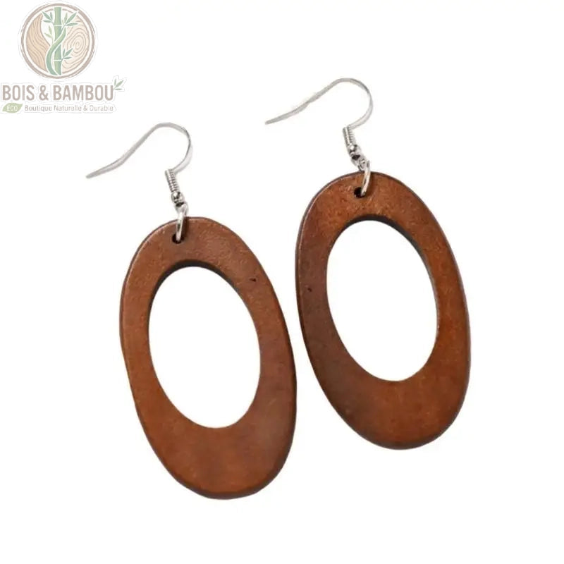 Boucles d'oreilles bois rétro modèle Ellipse géométrique, pendante artisanale, Bois Et Bambou Eco