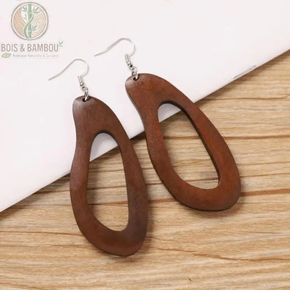 Boucles d'oreilles bois rétro modèle Géométrie longue, pendante allongée artisanale, Bois Et Bambou Eco
