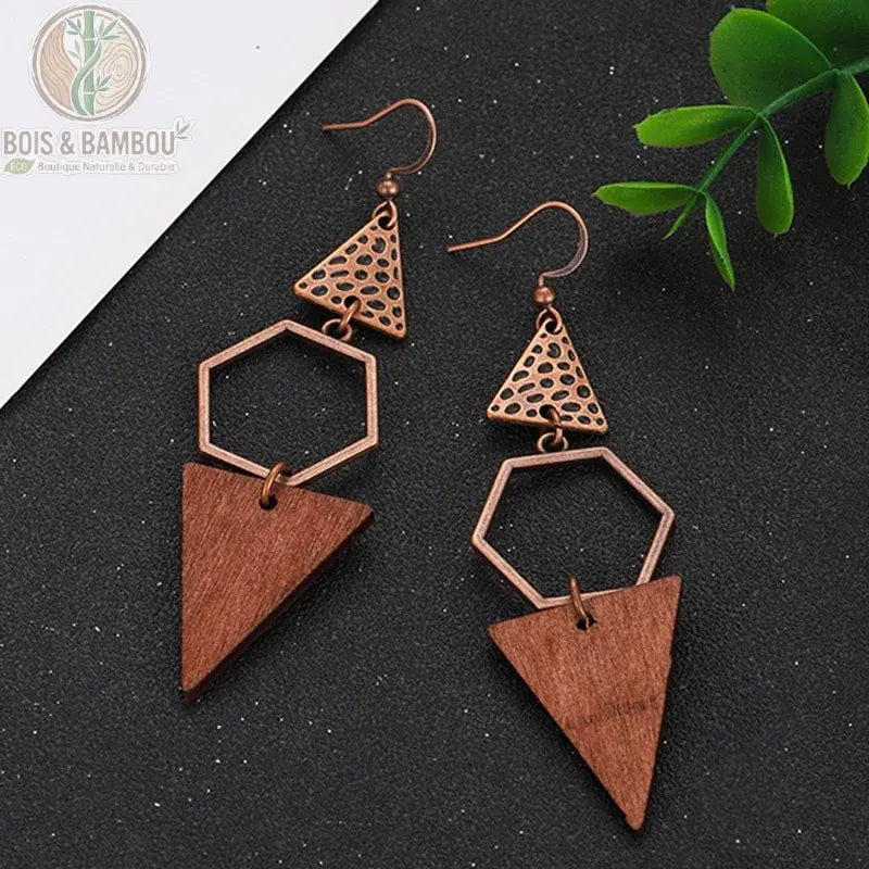 Boucles d'oreilles ethniques en bois naturel, Modèle 2