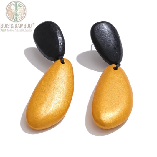 Boucles d'oreilles géométriques en bois noir et jaune