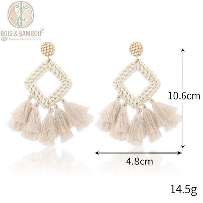 Boucles d'oreilles bambou rotin modèle 3, tressées main